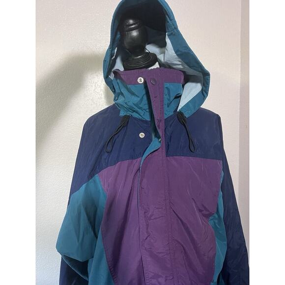 Vintage 90’s Lands End Jacket Small Colorblock Hooded Waterproof Parka M Pockets - Picture 2 of 11
